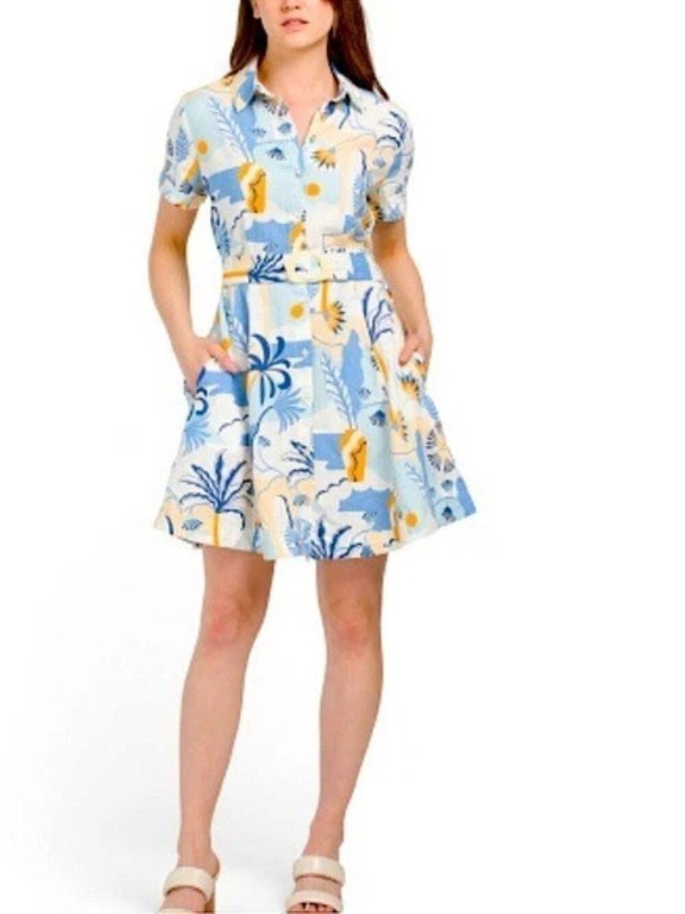 NICOLE MILLER 100% linen palm print shirt dress (XL)